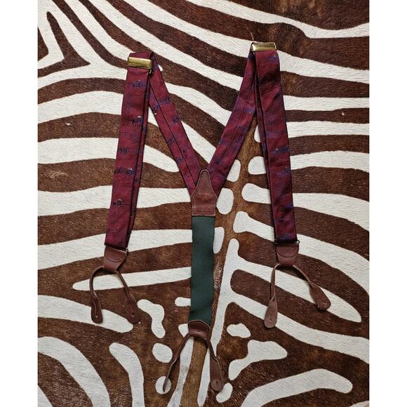 Vintage RALPH LAUREN Suspenders Silk Leather Pony Polo Green Burgundy Brass USA - Picture 1 of 7